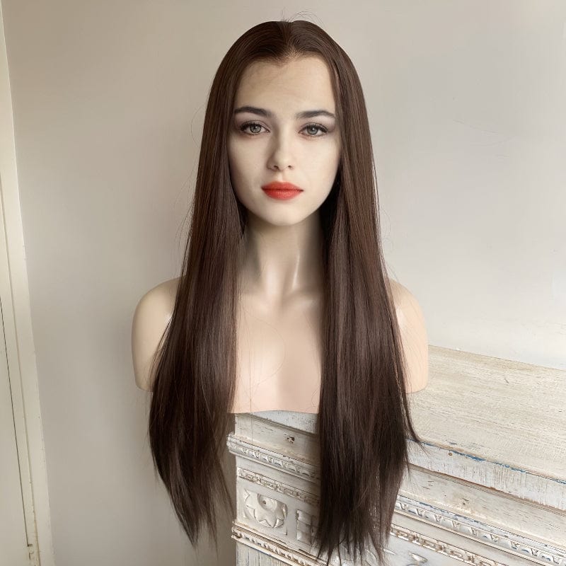 nevermindyrhead Women Dark Brown Lace Front Wig Long Straight Widows Peak Hairline Slicked Hair