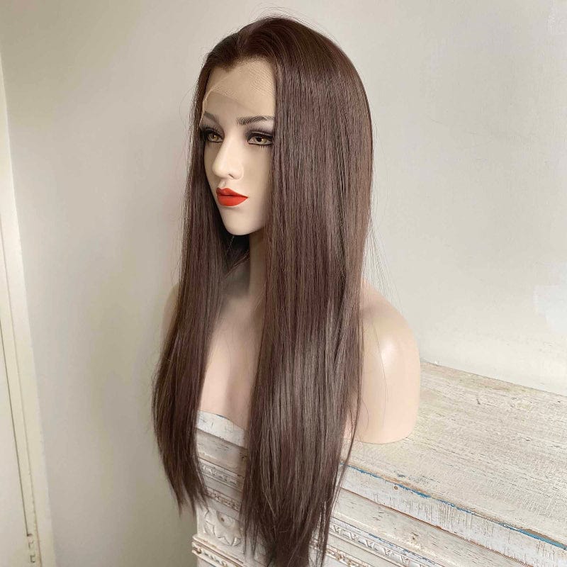 nevermindyrhead Women Dark Brown Lace Front Wig Long Straight Widows Peak Hairline Slicked Hair