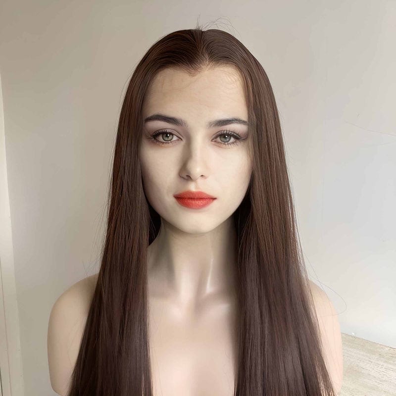 nevermindyrhead Women Dark Brown Lace Front Wig Long Straight Widows Peak Hairline Slicked Hair