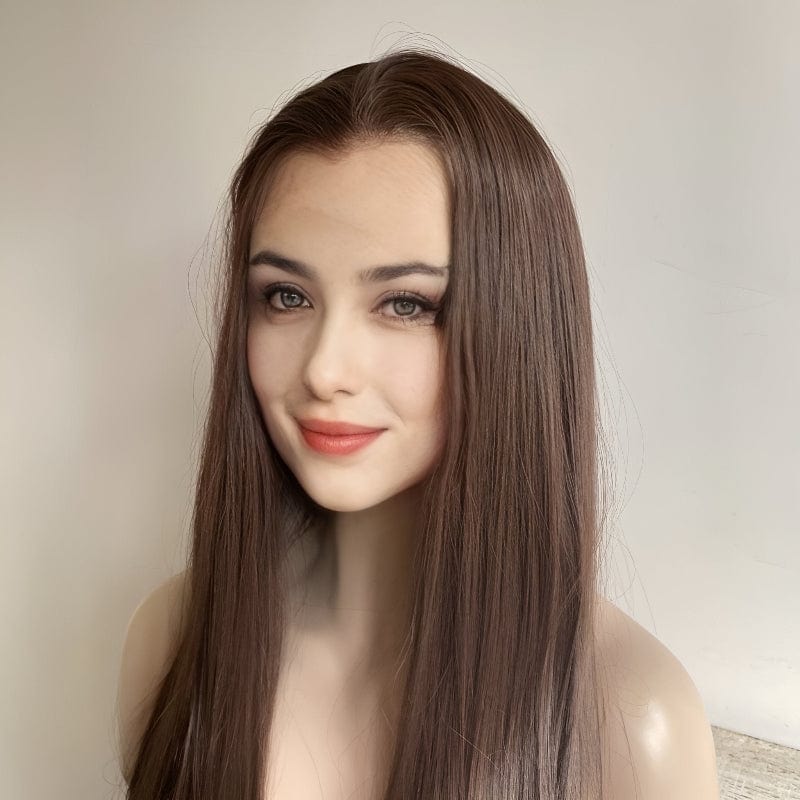 nevermindyrhead Women Dark Brown Lace Front Wig Long Straight Widows Peak Hairline Slicked Hair