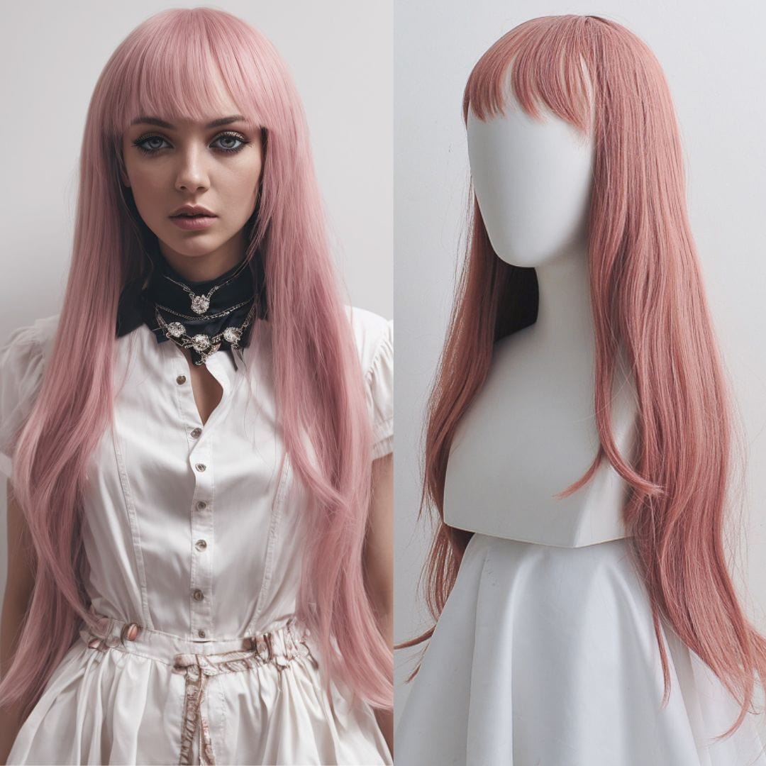 nevermindyrhead Women Dusty Pink Long Wig Straight Hair Thin Bangs With Top Skin