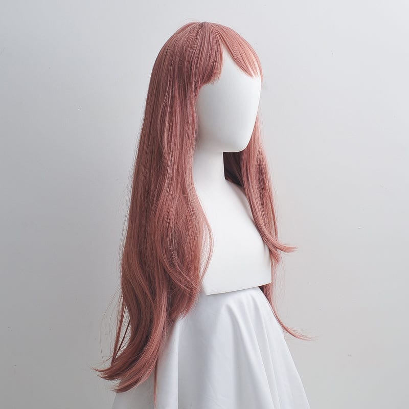 nevermindyrhead Women Dusty Pink Long Wig Straight Hair Thin Bangs With Top Skin