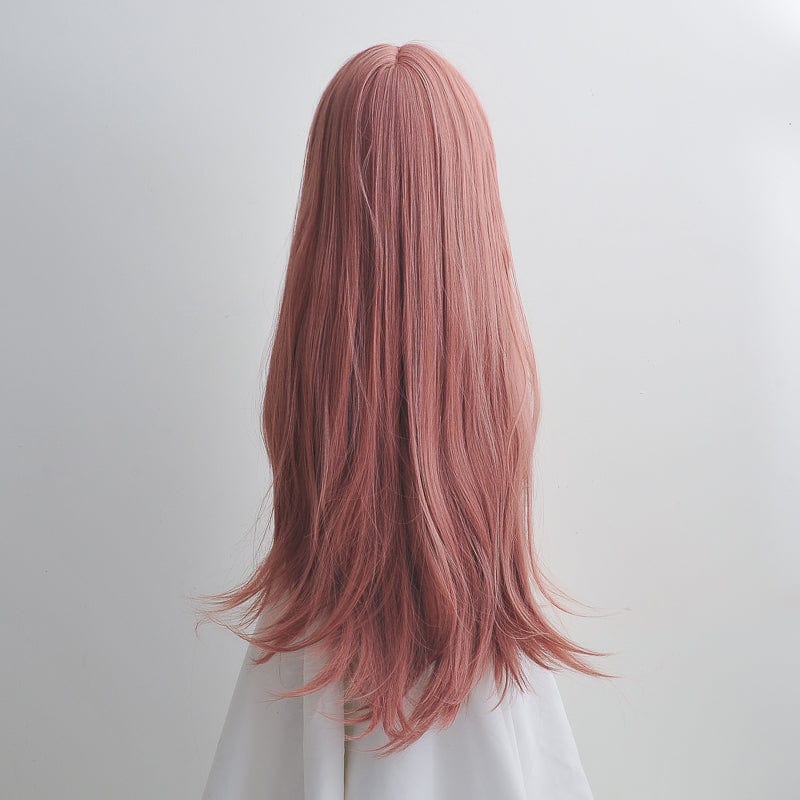 nevermindyrhead Women Dusty Pink Long Wig Straight Hair Thin Bangs With Top Skin