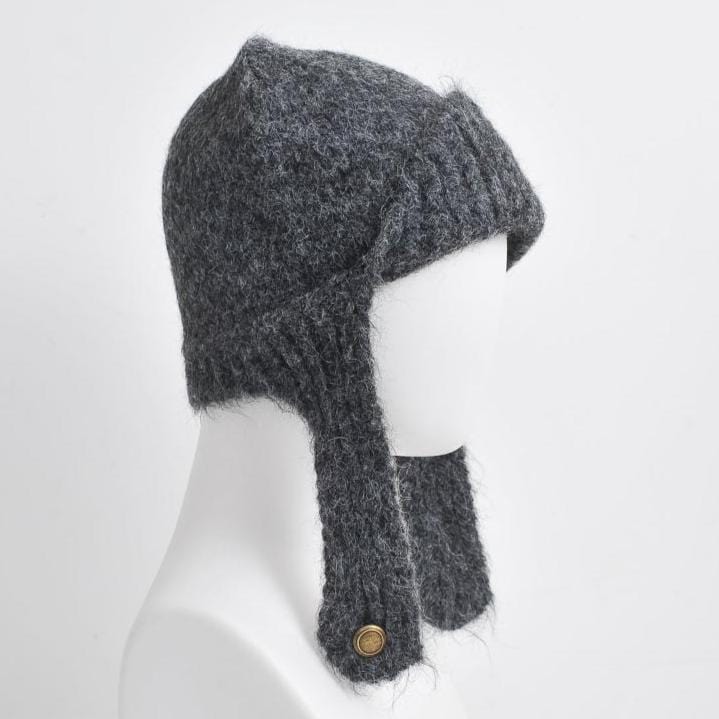 nevermindyrhead Women Gray Chunky Knit Beanie Winter Snow Hat Cover Ears Flaps Button Closure