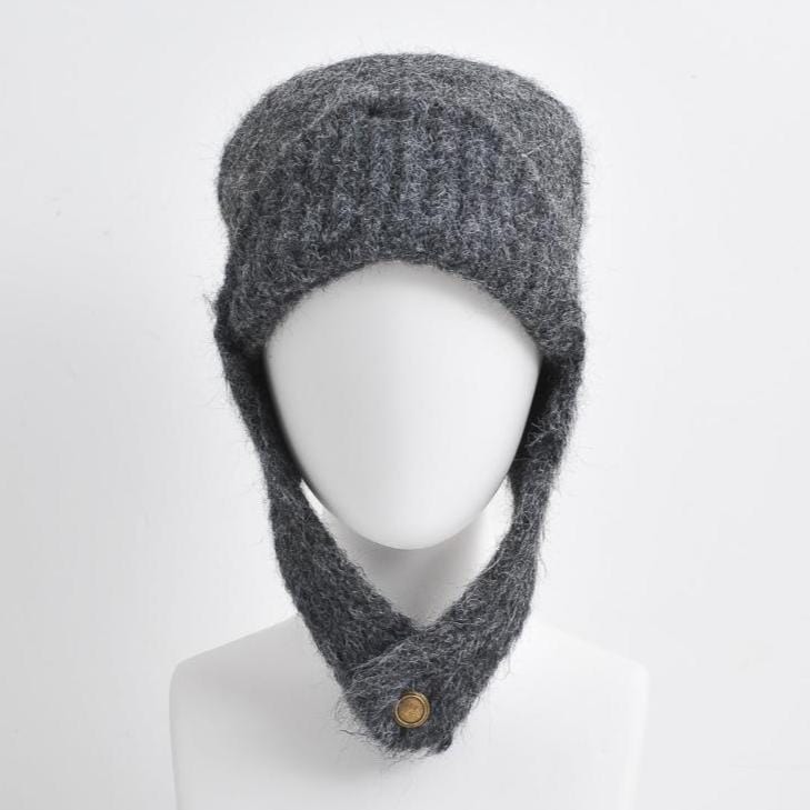 nevermindyrhead Women Gray Chunky Knit Beanie Winter Snow Hat Cover Ears Flaps Button Closure