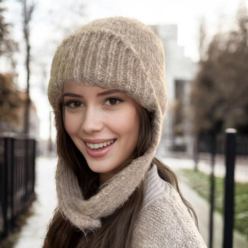 nevermindyrhead Women Gray Chunky Knit Beanie Winter Snow Hat Cover Ears Flaps Button Closure Camel