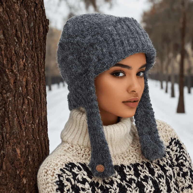 nevermindyrhead Women Gray Chunky Knit Beanie Winter Snow Hat Cover Ears Flaps Button Closure Gray