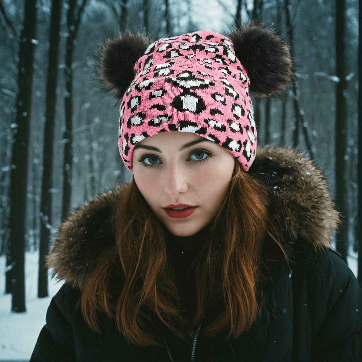 nevermindyrhead Women Knit Beanie Pink Leopard Animal Print Pattern Double Faux Fur Pom Soft Warm Hat