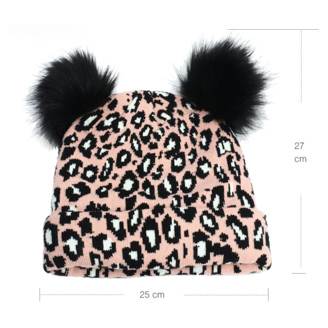 nevermindyrhead Women Knit Beanie Pink Leopard Animal Print Pattern Double Faux Fur Pom Soft Warm Hat