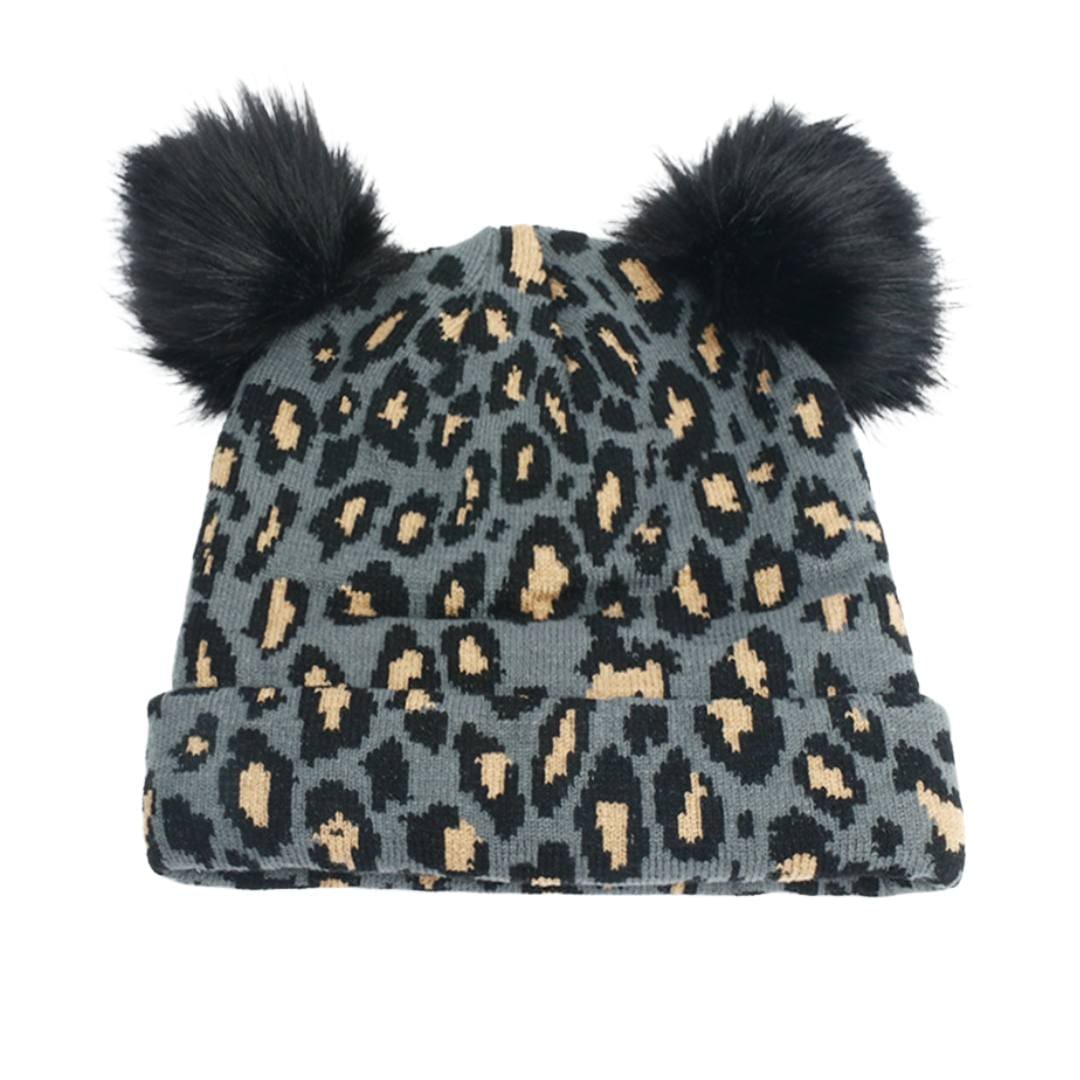 nevermindyrhead Women Knit Beanie Pink Leopard Animal Print Pattern Double Faux Fur Pom Soft Warm Hat