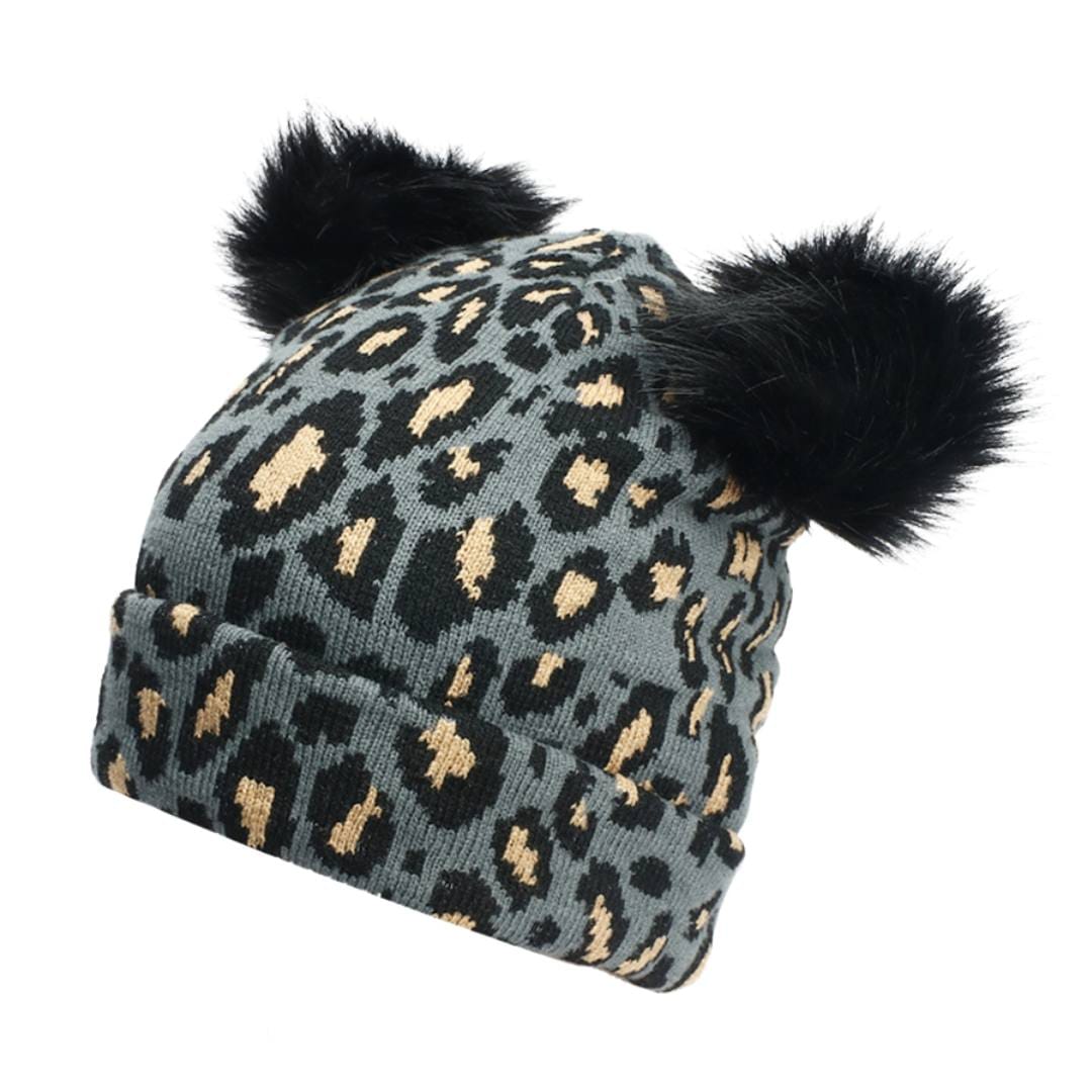 nevermindyrhead Women Knit Beanie Pink Leopard Animal Print Pattern Double Faux Fur Pom Soft Warm Hat Gray