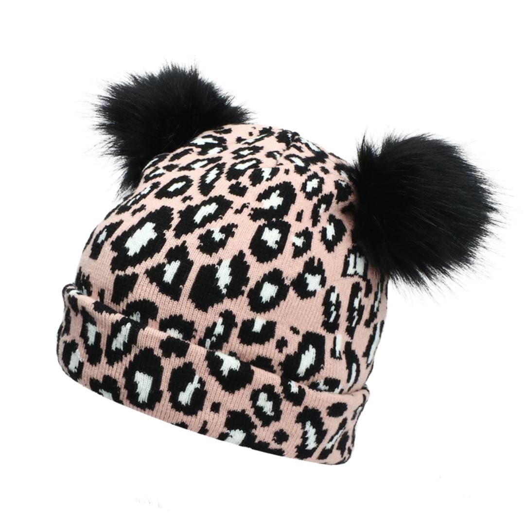 nevermindyrhead Women Knit Beanie Pink Leopard Animal Print Pattern Double Faux Fur Pom Soft Warm Hat Pink