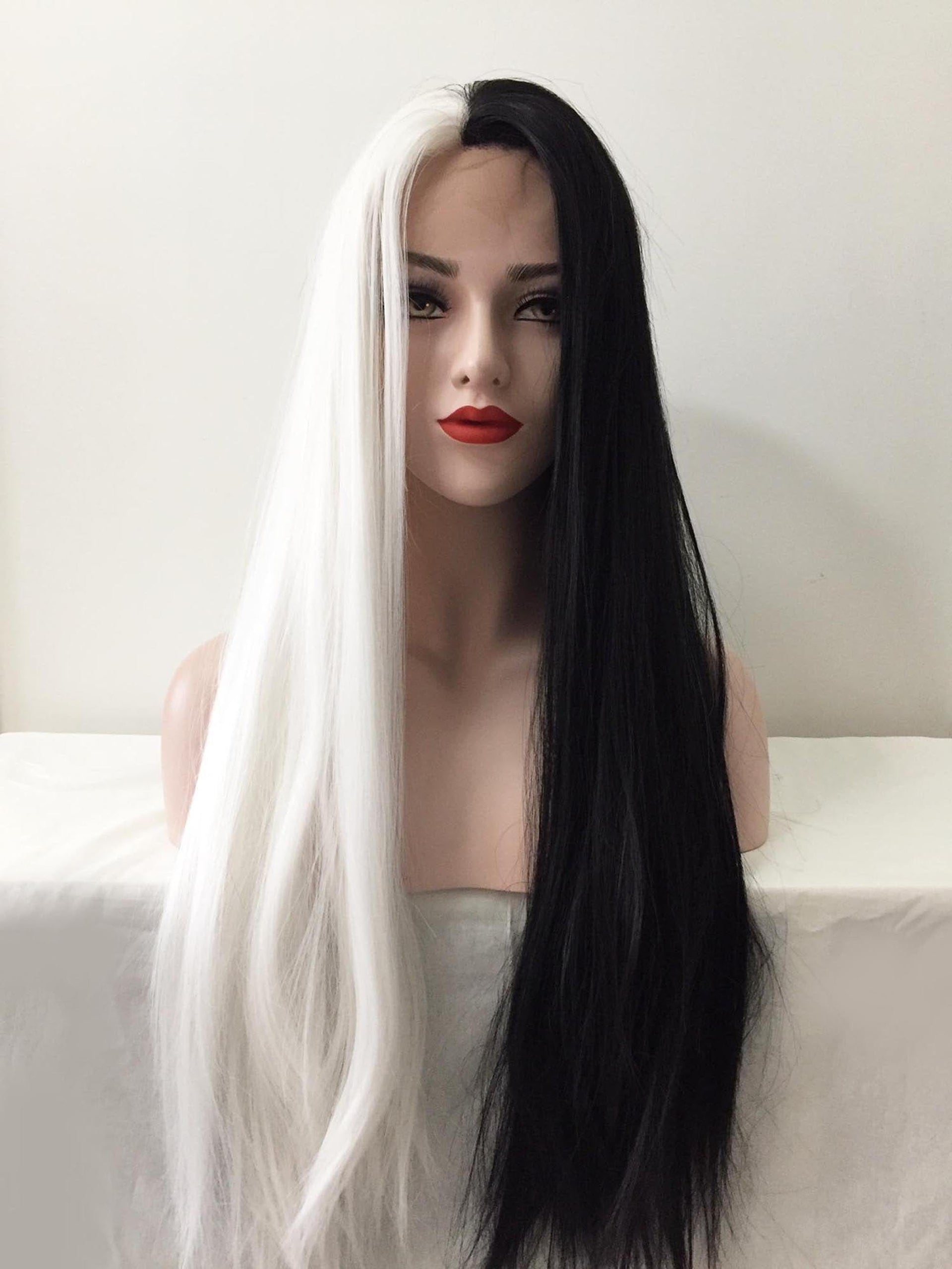 nevermindyrhead Women Lace Front Split Colors Black White Long Straight Middle Part Wig