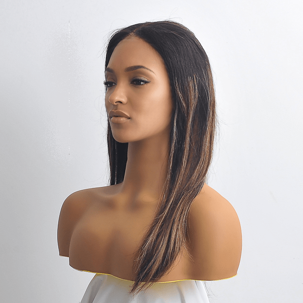 nevermindyrhead Women Natural Black Bronze Highlight Human Hair Lace Front Wig Long Straight Hair Middle Part 16 Inch