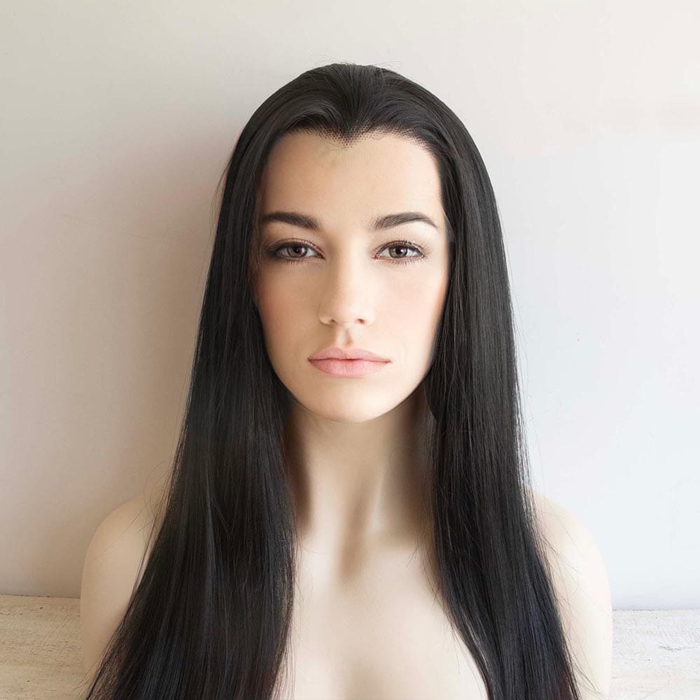 Women White Lace Front Long Straight Widow Peak Hairline Wig