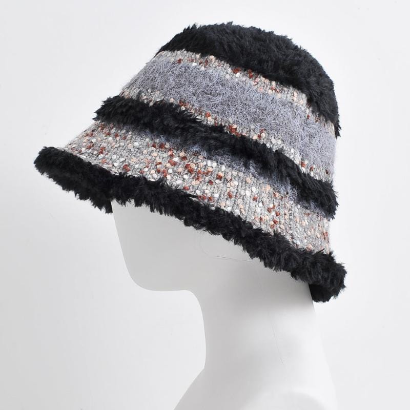 nevermindyrhead Women Winter Black Bucket Hat Fashion Stripe Pattern Elegant Tweed Knit