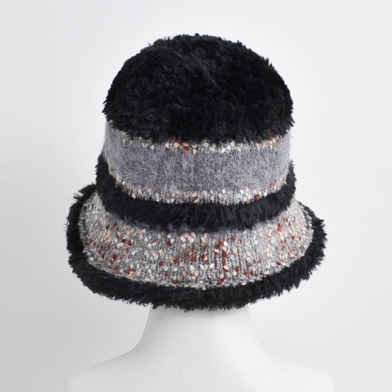 nevermindyrhead Women Winter Black Bucket Hat Fashion Stripe Pattern Elegant Tweed Knit