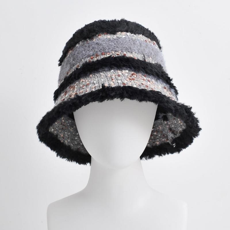 nevermindyrhead Women Winter Black Bucket Hat Fashion Stripe Pattern Elegant Tweed Knit