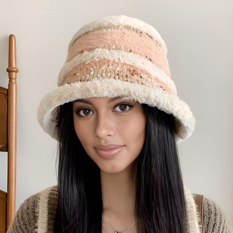 nevermindyrhead Women Winter Black Bucket Hat Fashion Stripe Pattern Elegant Tweed Knit Beige