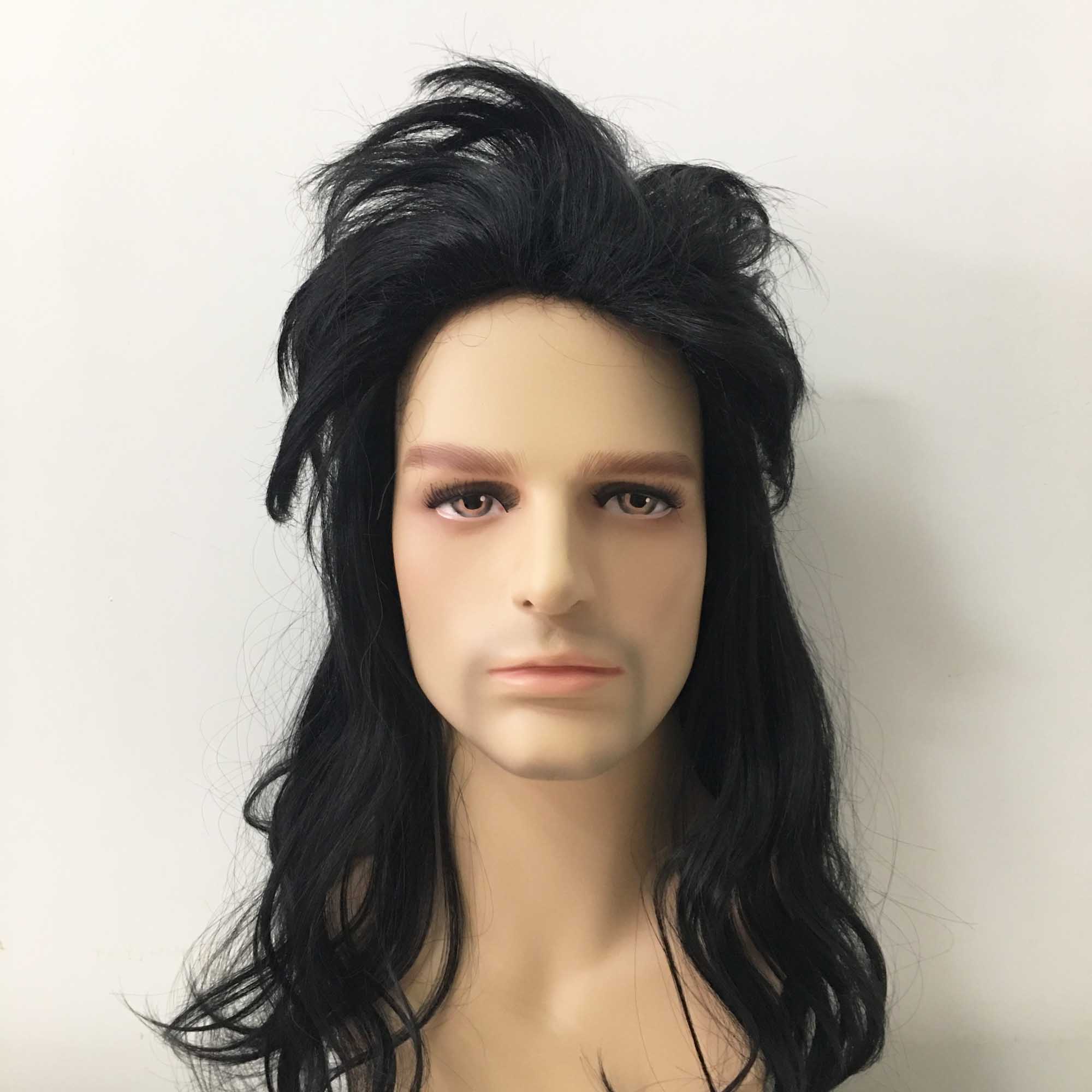 Men Black Long Straight Mullet Retro 70 s Punk Cosplay Wig