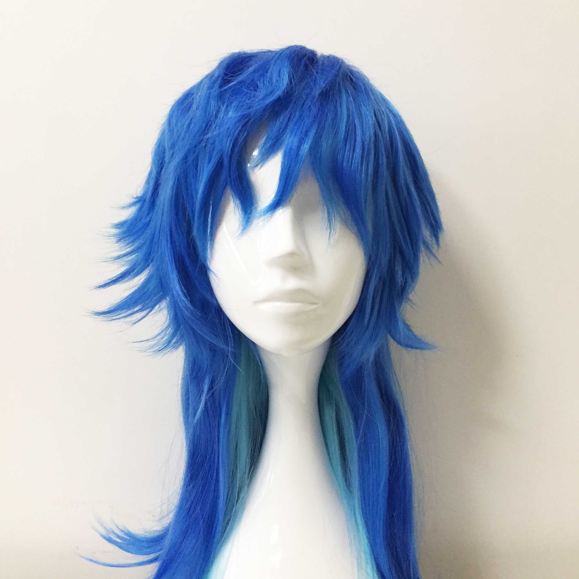 Men Blue Mullet Cosplay Wig. Two Tone Long Straight Layered