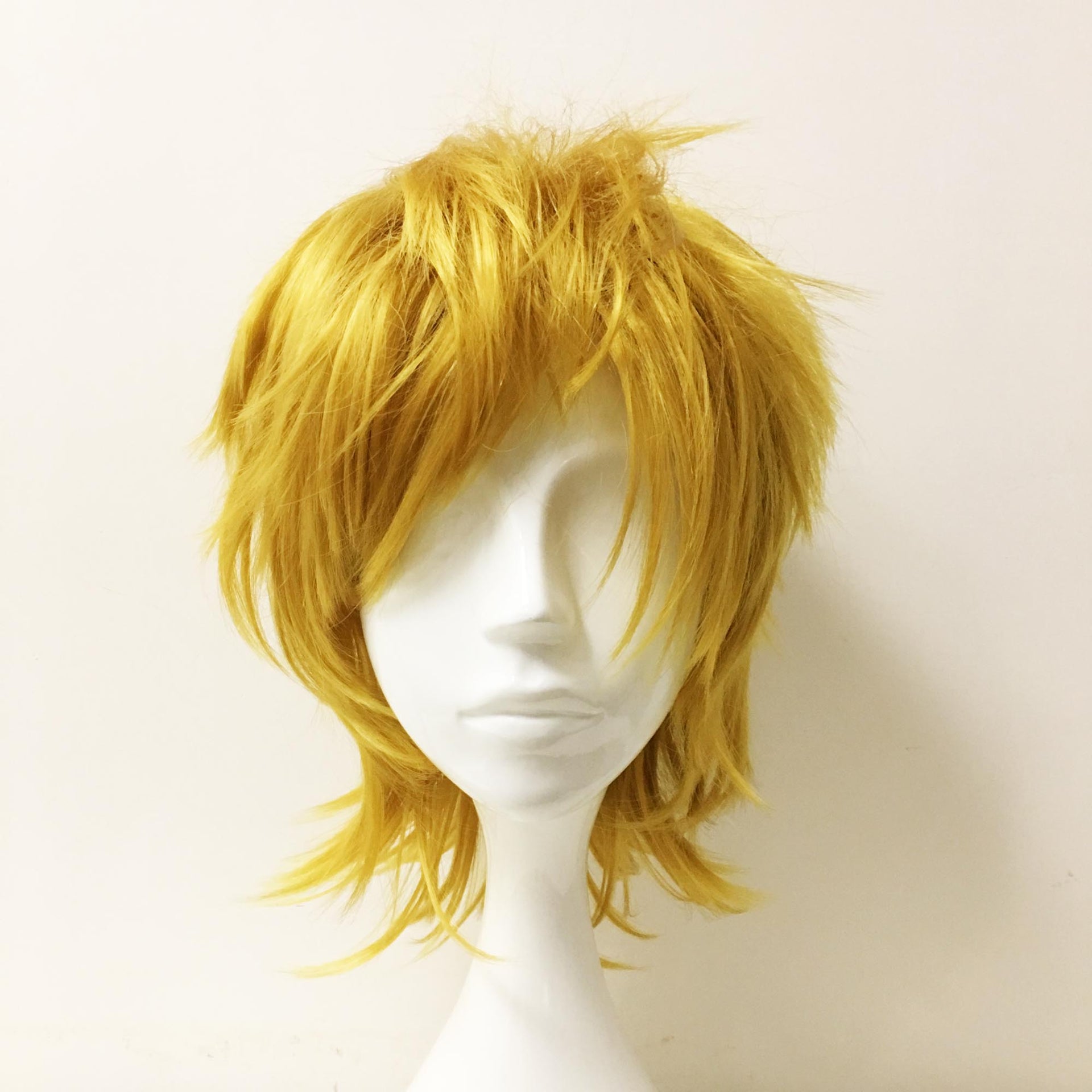nevermindyrhead Men Golden Yellow Short Straight Fringe Bangs Layered Cosplay wig