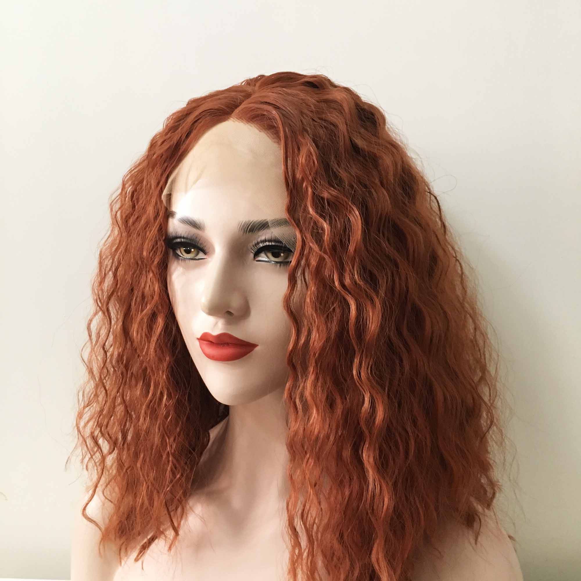 Women Auburn Red Lace Front Long Curly Middle Part Choppy Wig