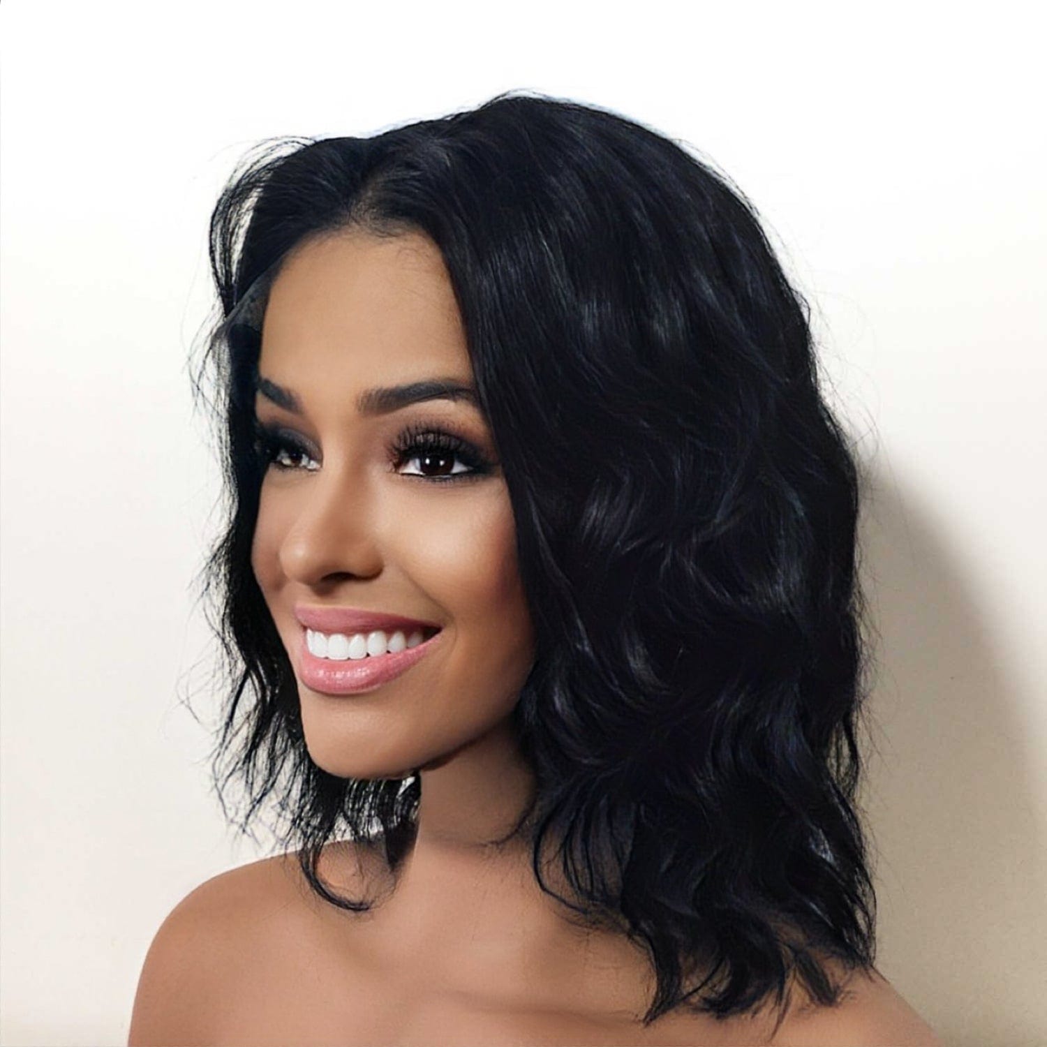nevermindyrhead Women Black Human Hair Lace Front Short Curly Middle Part Choppy Wig