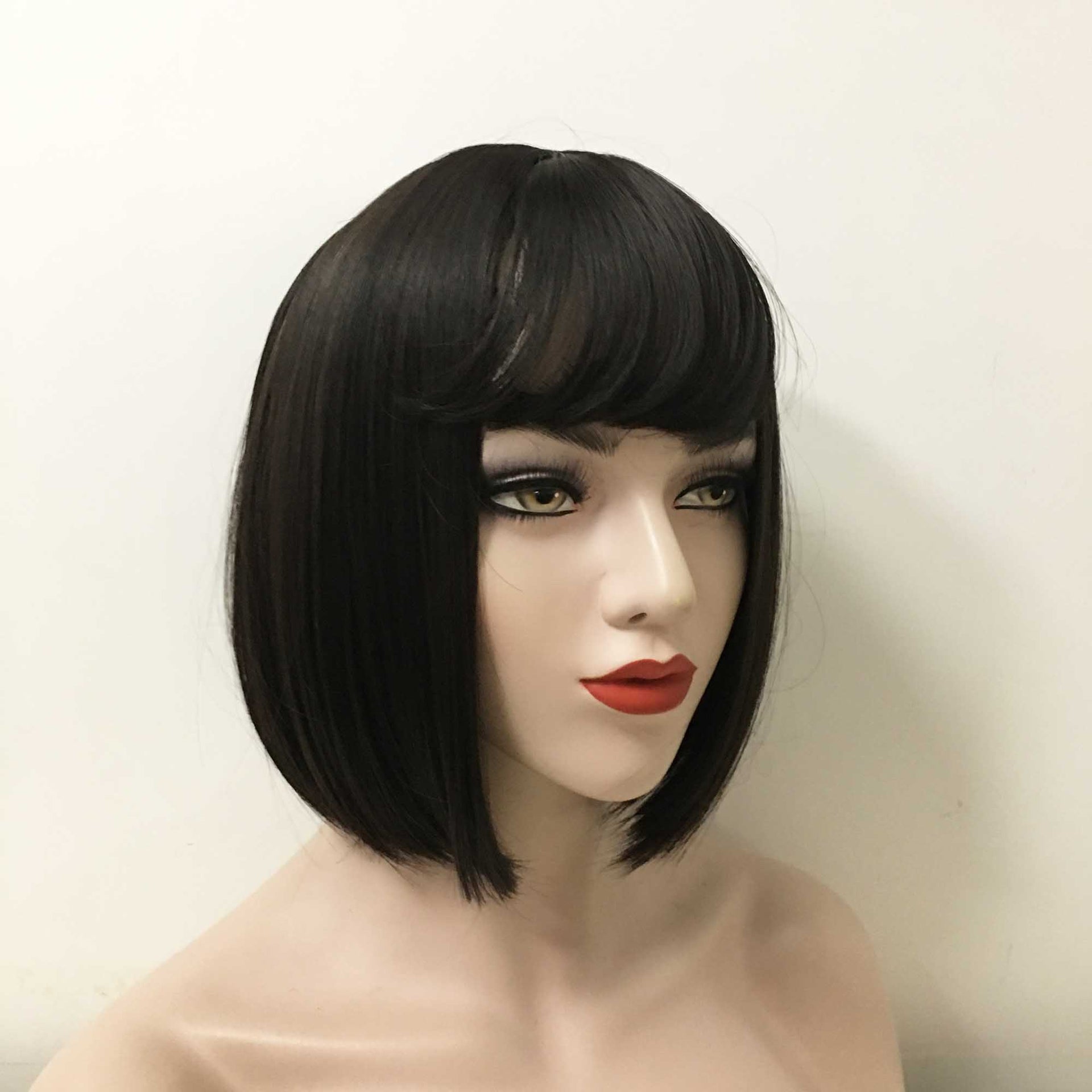 nevermindyrhead Women Black Short Straight Bob A-Line Fringe Bangs Wig