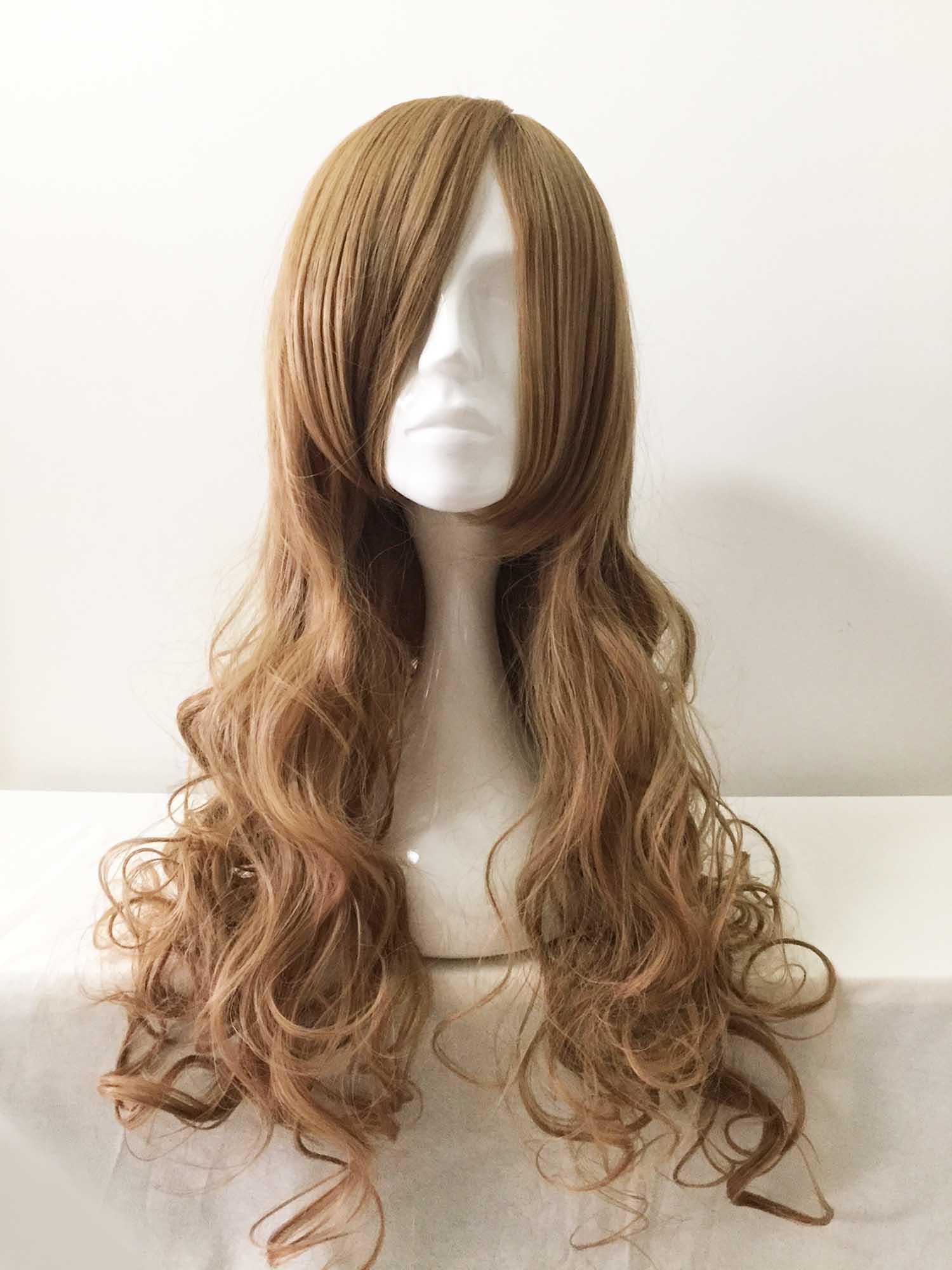 Women Brown Long Curly Side Swept Bangs Cosplay Wig