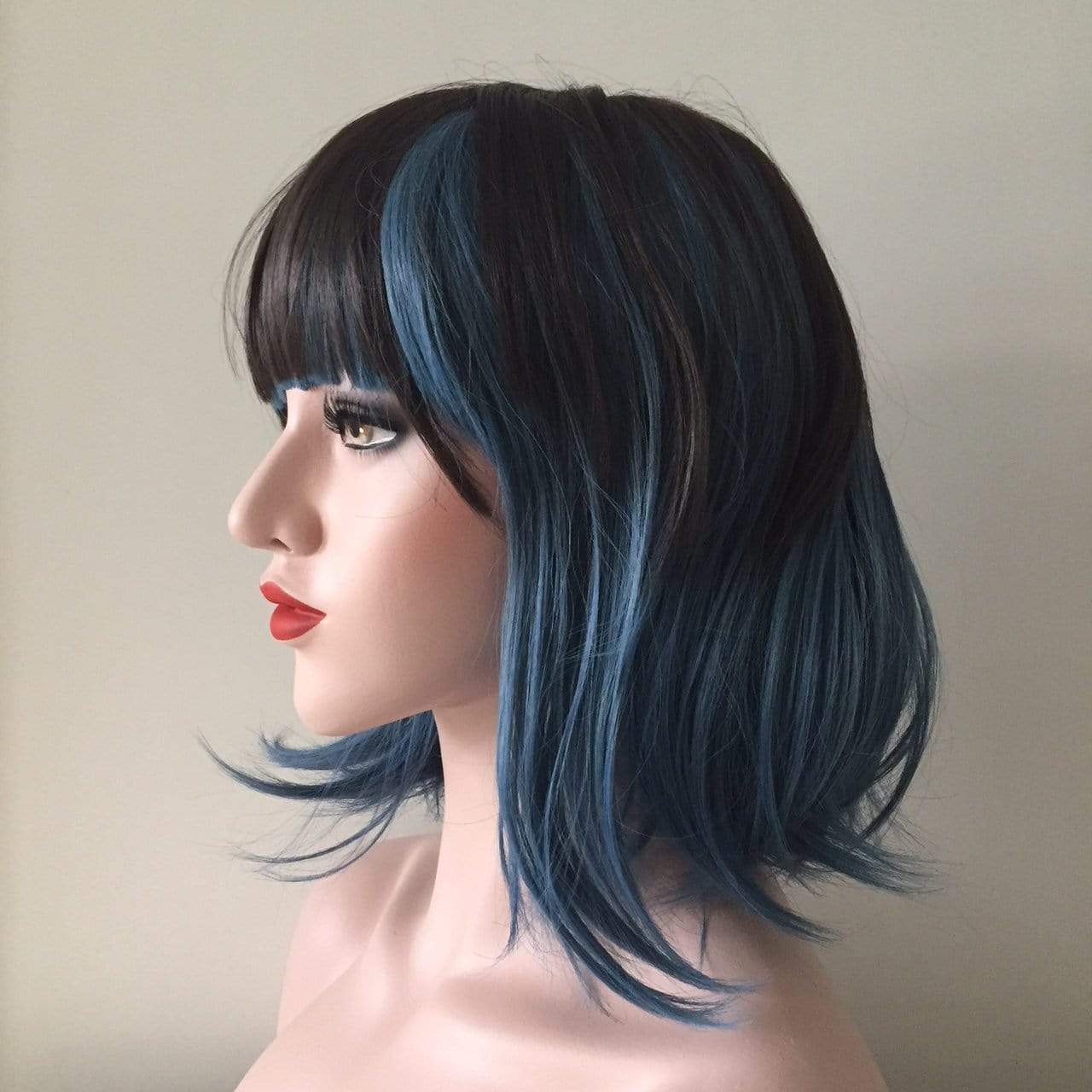 Women Dark Brown Blue Two Tone Medium Length Bob Blunt Bangs Wig