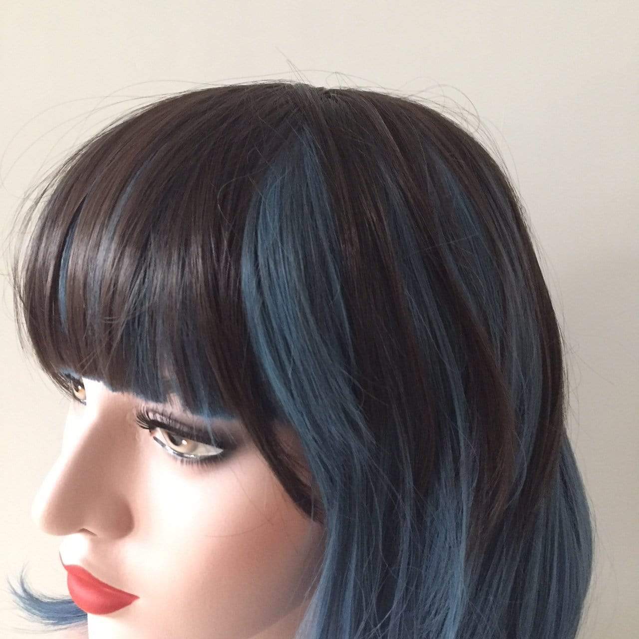 Women Dark Brown Blue Two Tone Medium Length Bob Blunt Bangs Wig