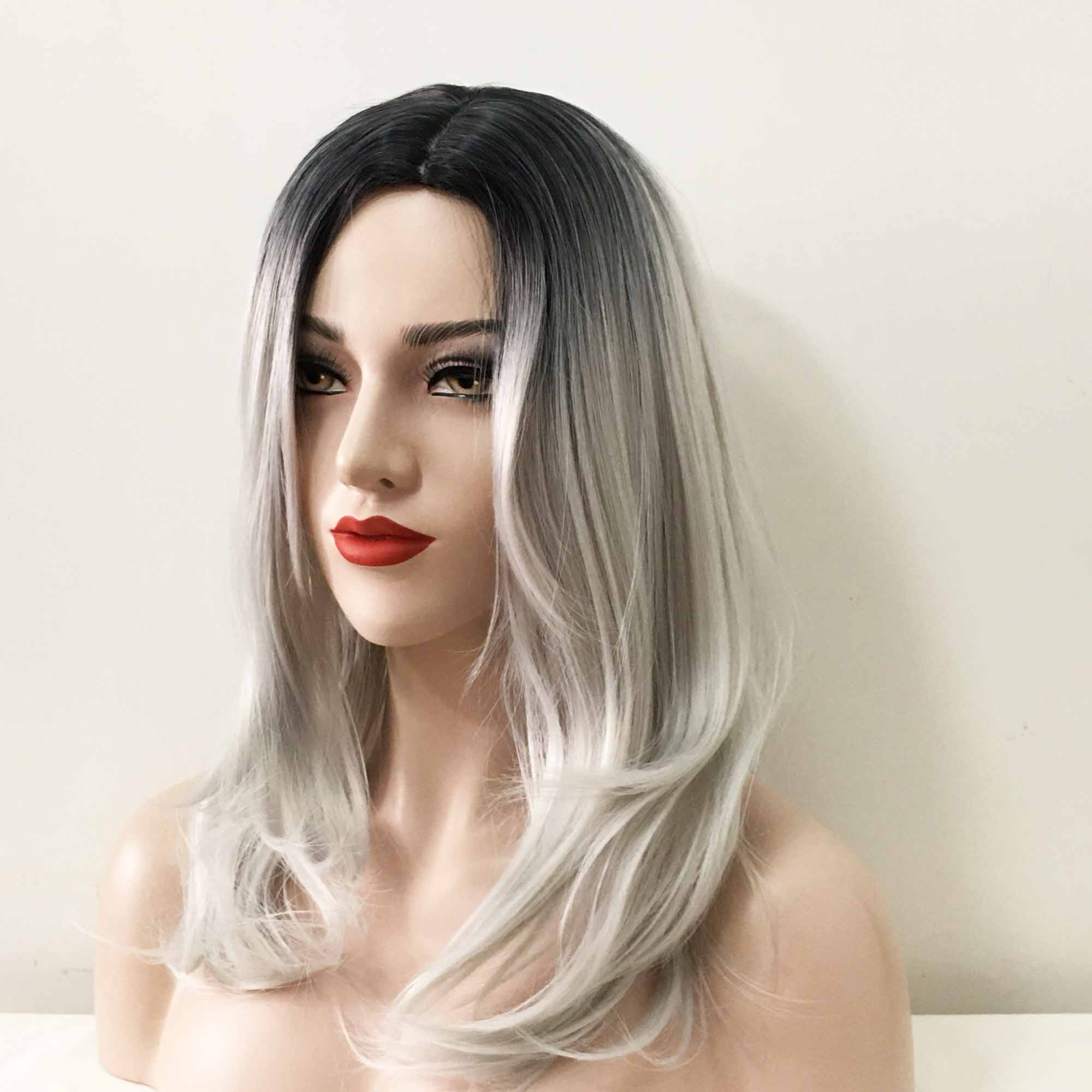 Women Gray Ombre Dark Root Long Straight Middle Part Wig