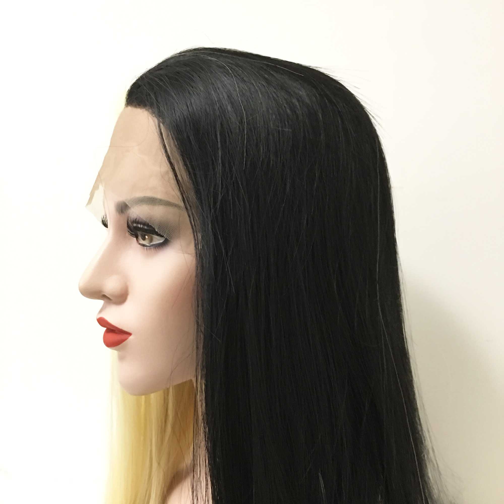 Women Black Blonde Split Colors Lace Front Long Straight Wig