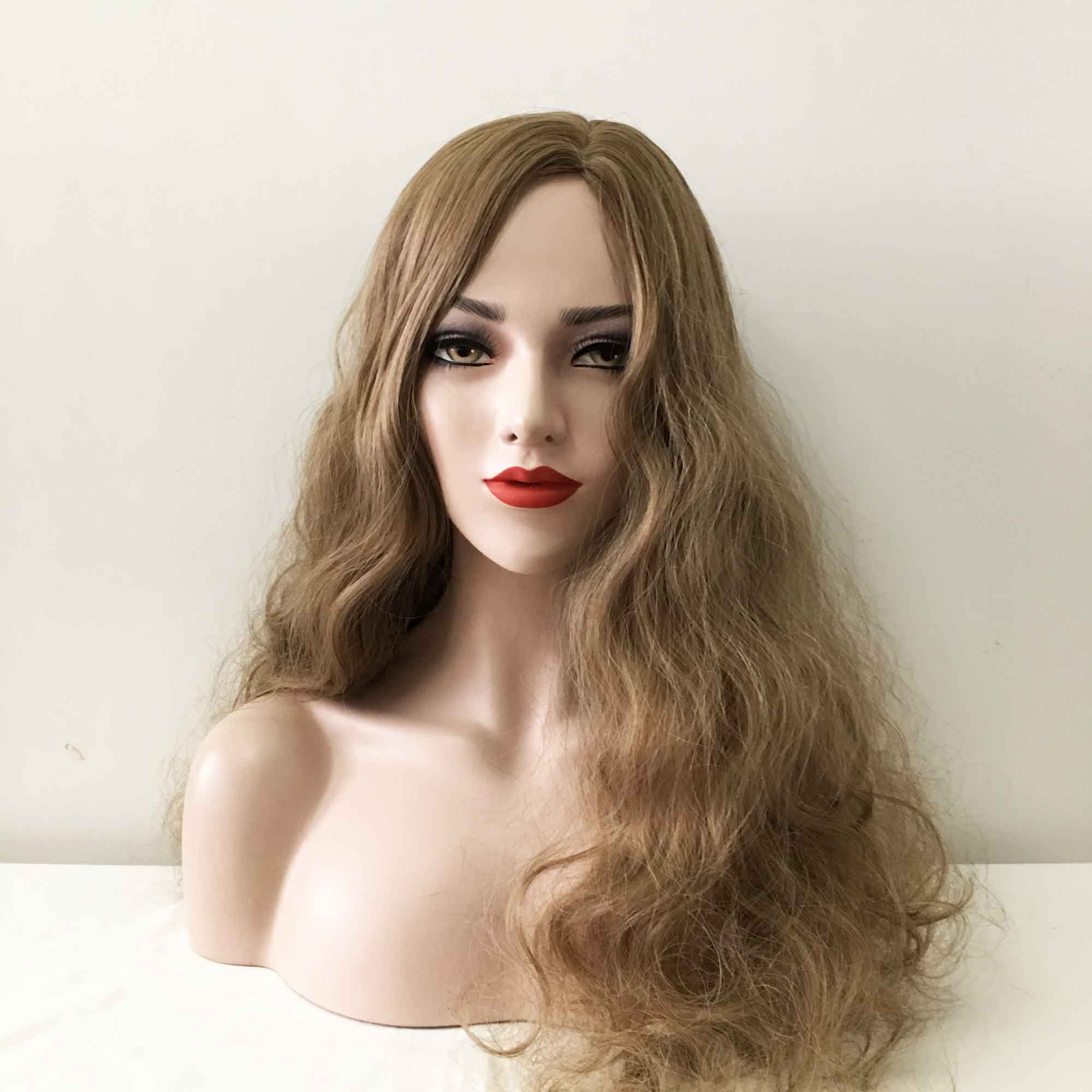 Women Light Brown Long Curly Frizzy Side Part Frizzy Wig