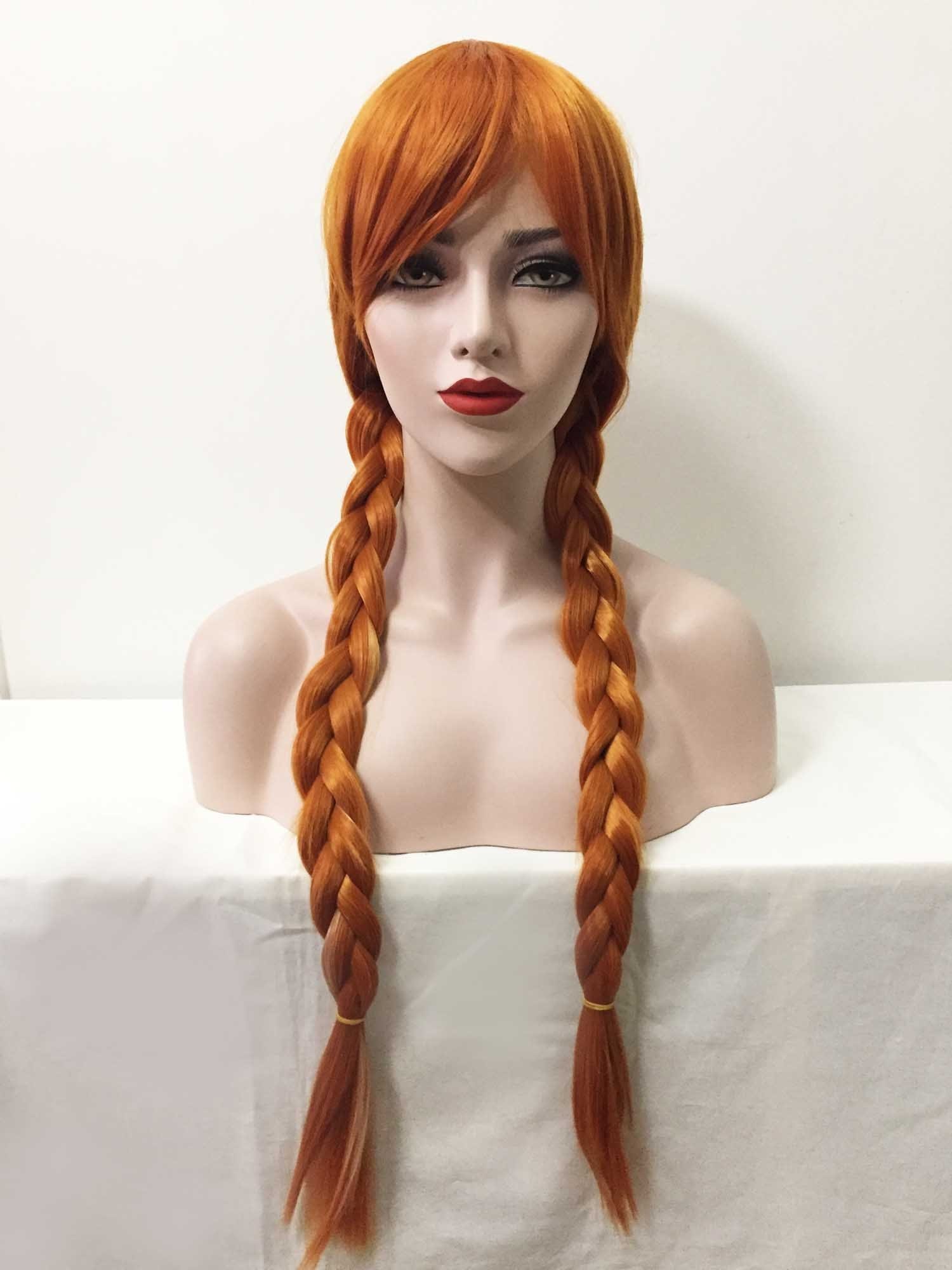 Women Ginger Orange Long Straight Braided Princess Style Wig