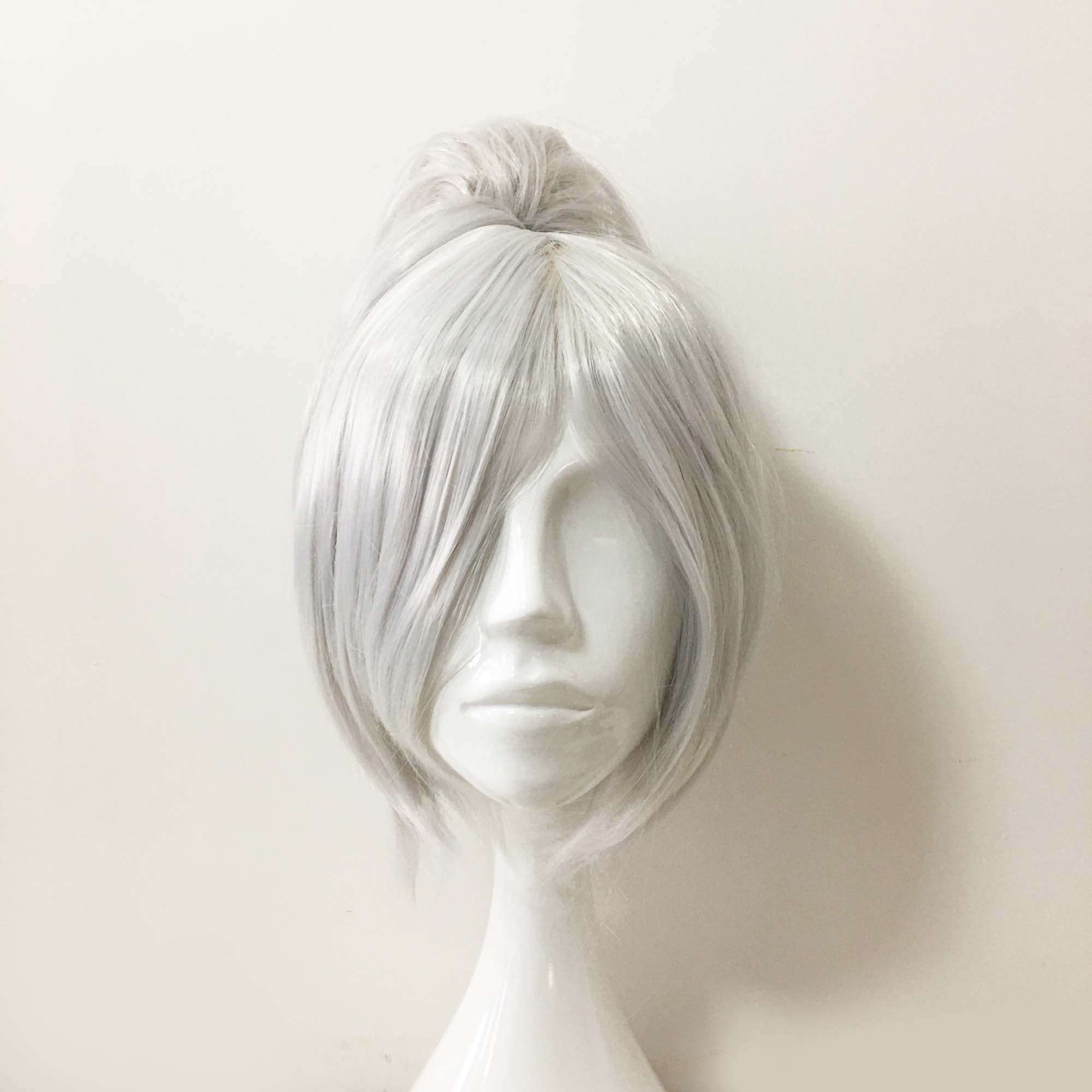 Women Silver White Short Detachable Top Bun Bob Cosplay Wig